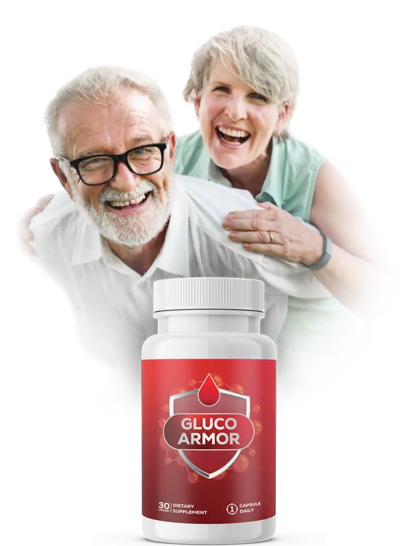 Smiling older couple pictured behind a Gluco Armor supplement bottle