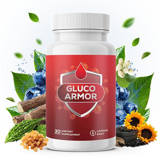 Gluco Armor bottle displayed with a selection of botanical ingredients